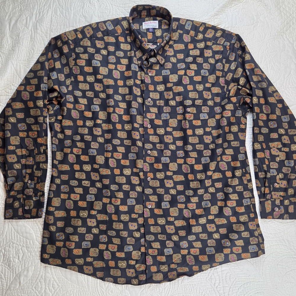 Thom Leffler XL Shirt USA Made Black Medallion Twill Abstract Vintage Disco